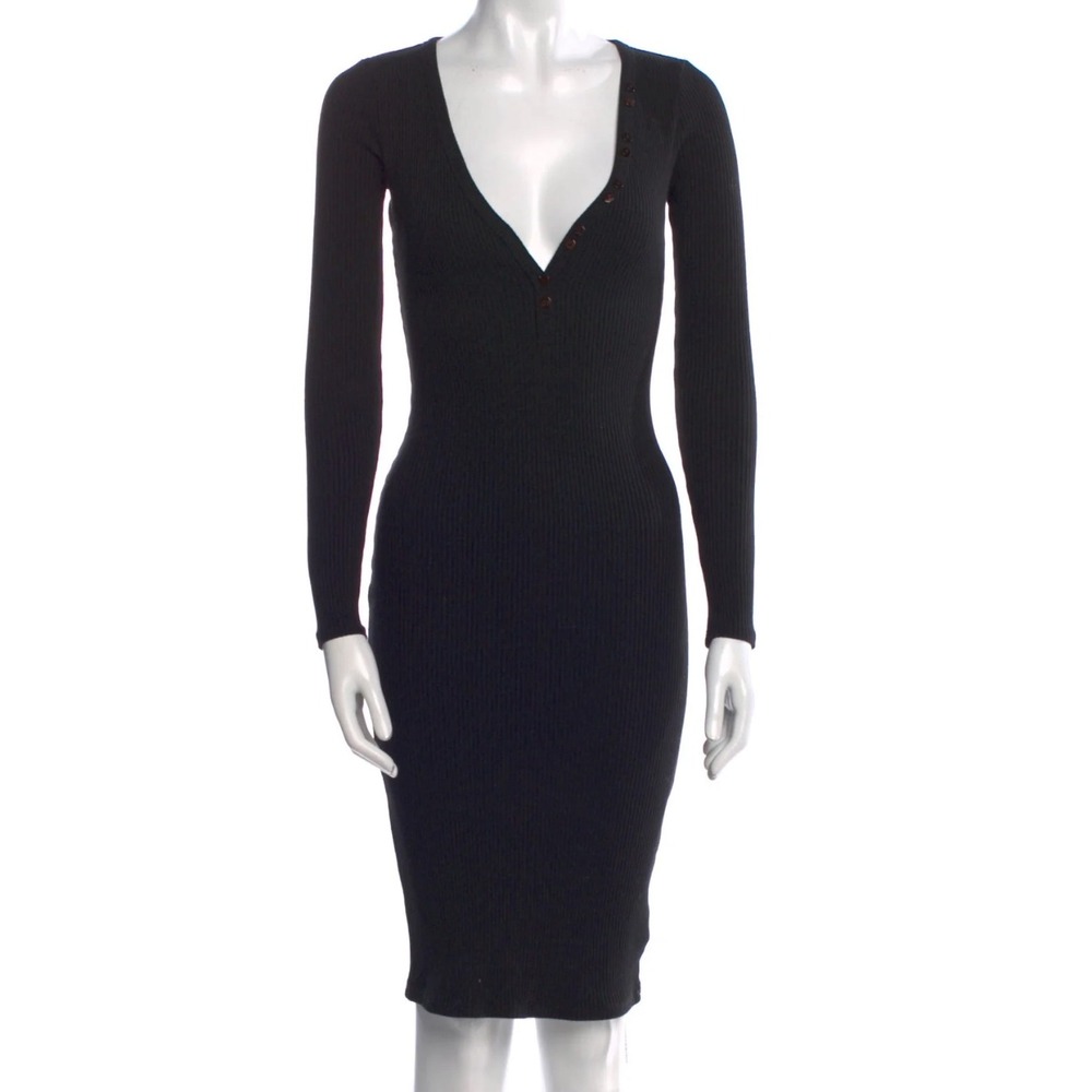INTERMIX Black Ribbed Henley V Neck Long Sleeve Bodycon Midi‎ Dress Size L